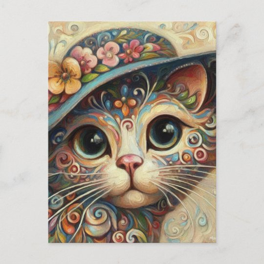 Whimsical Floral Abstract Kitty Cat with Hat Postcard zazzle.com/whimsical_flor… via <a href="/zazzle/">Zazzle Inc.</a>