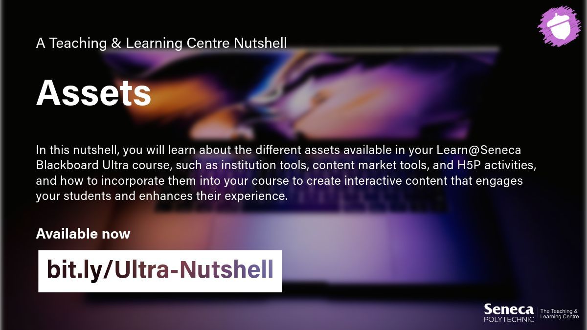 Seneca_TandL's tweet image. Unleash the Potential of Assets in Learn@Seneca! 🌟 Explore our Assets #TLCnutshell and discover how to use institution tools, content market assets, &amp;amp; H5P activities to create interactive, engaging content that boosts student success. 🔗 Get started at bit.ly/Ultra-Nutshell.