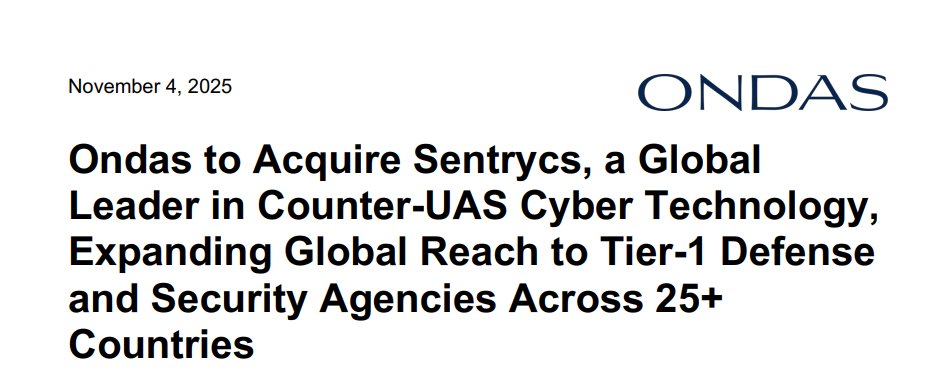 Bearlovesbull's tweet image. 🚨 JUST IN: $ONDS is acquiring Israel-based Sentrycs Ltd., a global leader in counter-drone (UAS) technology operating in 25+ countries, strengthening Ondas’s position in defense &amp;amp; security tech.
#ONDS #Sentrycs #CounterDrone #DefenseTech