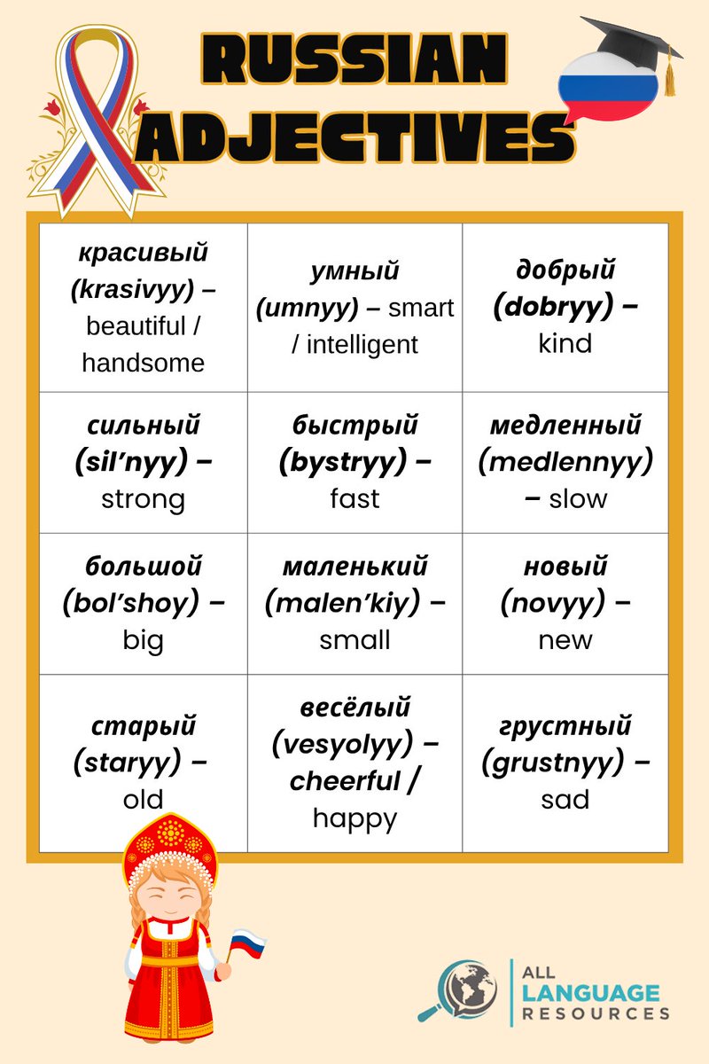 LangResources's tweet image. Here’s a Translation Tuesday X caption for your Russian adjectives post 🇷🇺 — short, catchy, and perfect for your #LanguageSeries ✨

🌍 Translation Tuesday:
Say it in Russian! 🪆
Learn 12 must-know adjectives — from красивый (beautiful) to весёлый (happy) and умный (smart) 💬…