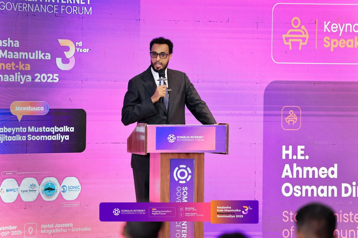 SONSA_NSA's tweet photo. Remarks by H.E. Ahmed Osman Dirie, State Minister of Communications and Technology @MoCTSomalia Somalia Internet Governance Forum #SIGF2025,  Jazeera Place Hotel, #Mogadishu

During his remarks, H.E. Ahmed Osman Dirie @DirieMP, highlighted the government’s continued legislative progress and digital infrastructure expansion.  

“At the moment, the ministry is working on several important bills that have recently been submitted to the House of the People of the Federal Parliament of Somalia. 

But in recent years we have made some significant progress. We have developed and submitted several key draft bills, many of which have now been passed by Parliament and signed by the President assent, including the Data Protection Act @DPASomalia & the National Communications Authority Act @SomaliaNCA. 

Recently, the Cabinet Council submitted to the Parliament the Cybersecurity Bill,  the Cybercrime Bill and yesterday, I personally delivered the draft proposal reading of the Electronic Transactions Bill before the House of the People @Golaha_shac_JFS .

Alongside these legal reforms we are working now permits us to expand internet connectivity across the country and link our fiber-optic network with neighboring landlocked countries such as Ethiopia, to ensure shared regional benefits and economic opportunities.  We have also identified that South Sudan could be connected through a fiber route via the Kismayo coastline, a move that would not only strengthen regional connectivity but also generate economic benefits for Somalia.

Our efforts aim to ensure that internet access and capacity are not limited to government institutions alone, but are shared with private sector providers, including telecommunications and technology companies to promote digital inclusion across all societies.

In today’s world, the internet has become the foundation of communication influencing every aspect of our lives. It provides fast access to information, enables long-distance communication, and supports personal, educational, and professional activities. It is essential for everyday needs such as online banking, e-commerce, education, and accessing government services.”

#SIGF2025 #SomaliCivilSociety #CSOs #InternetGovernanceForum #DigitalRights #DigitalTransformation #Cybersecurity  #SomaliSIG @OxfamIreland #ReCIPE