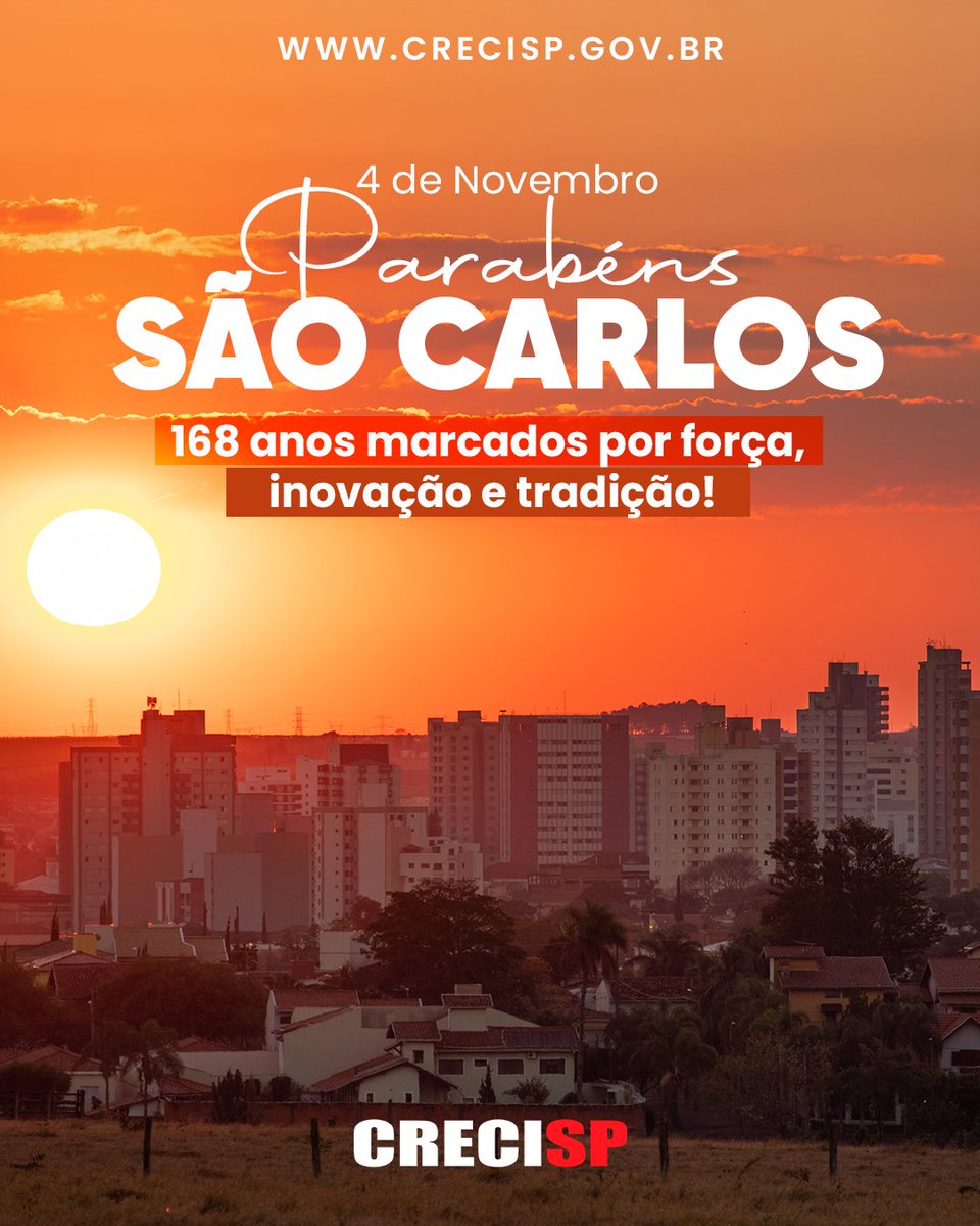 portalCRECISP's tweet image. Parabéns, São Carlos, pelos seus 168 anos de história!

Terra de gente acolhedora, de grandes conquistas e de um mercado imobiliário que segue em constante crescimento.

#CRECISP #SãoCarlos168Anos #OrgulhoPaulista #MercadoImobiliário #CorretorDeImóveis