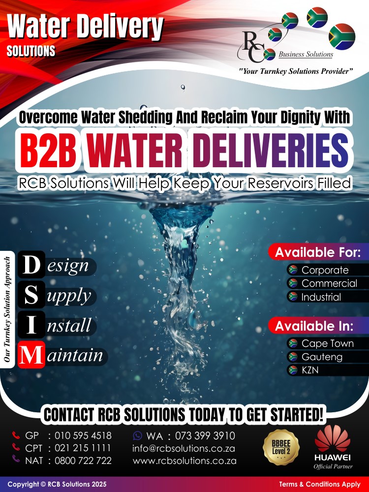 rcb_solutions's tweet image. RCB Solutions | Water Delivery Solutions | Overcome Water Shedding And Reclaim Your Dignity With B2B Water Deliveries – RCB Solutions Will Help Keep Your Reservoirs Filled!

Tel | 010 595 4518 | 0800 722 722
Email | enquiries@rcbsolutions.co.za
Website | rcbsolutions.co.za