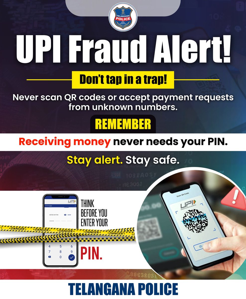 Rising cases of UPI and QR code scams remind us, cyber fraudsters are just a call away.

#CyberAwareness #UPIFraud #CyberSafety
#TelanganaPolice