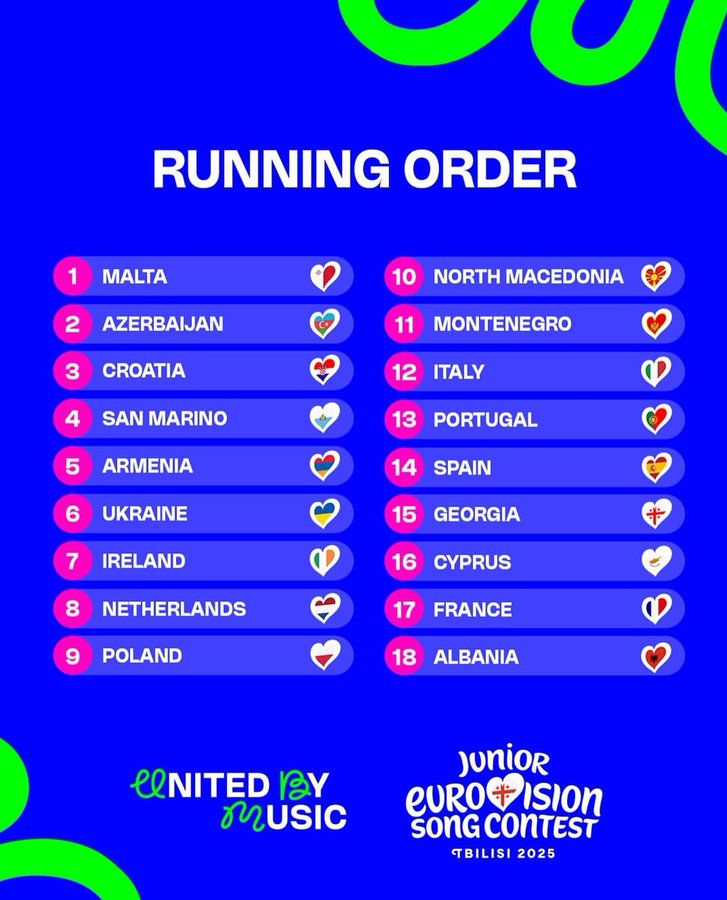 🚨 Here's the Running Order of #EurovisionJunior 2025!