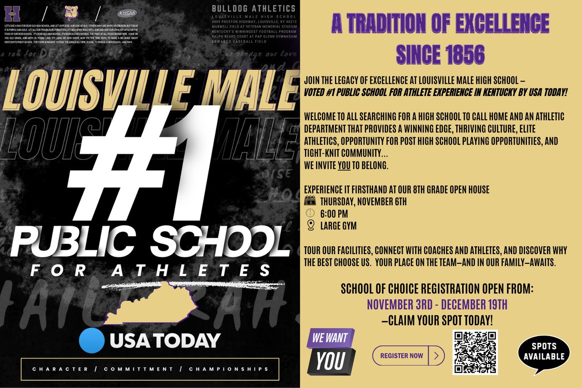 Male HS Open House this Thursday at 6pm. Male is now operating under a NEW student assignment protocol. If interested in Male come Thursday to find out how things have changed.