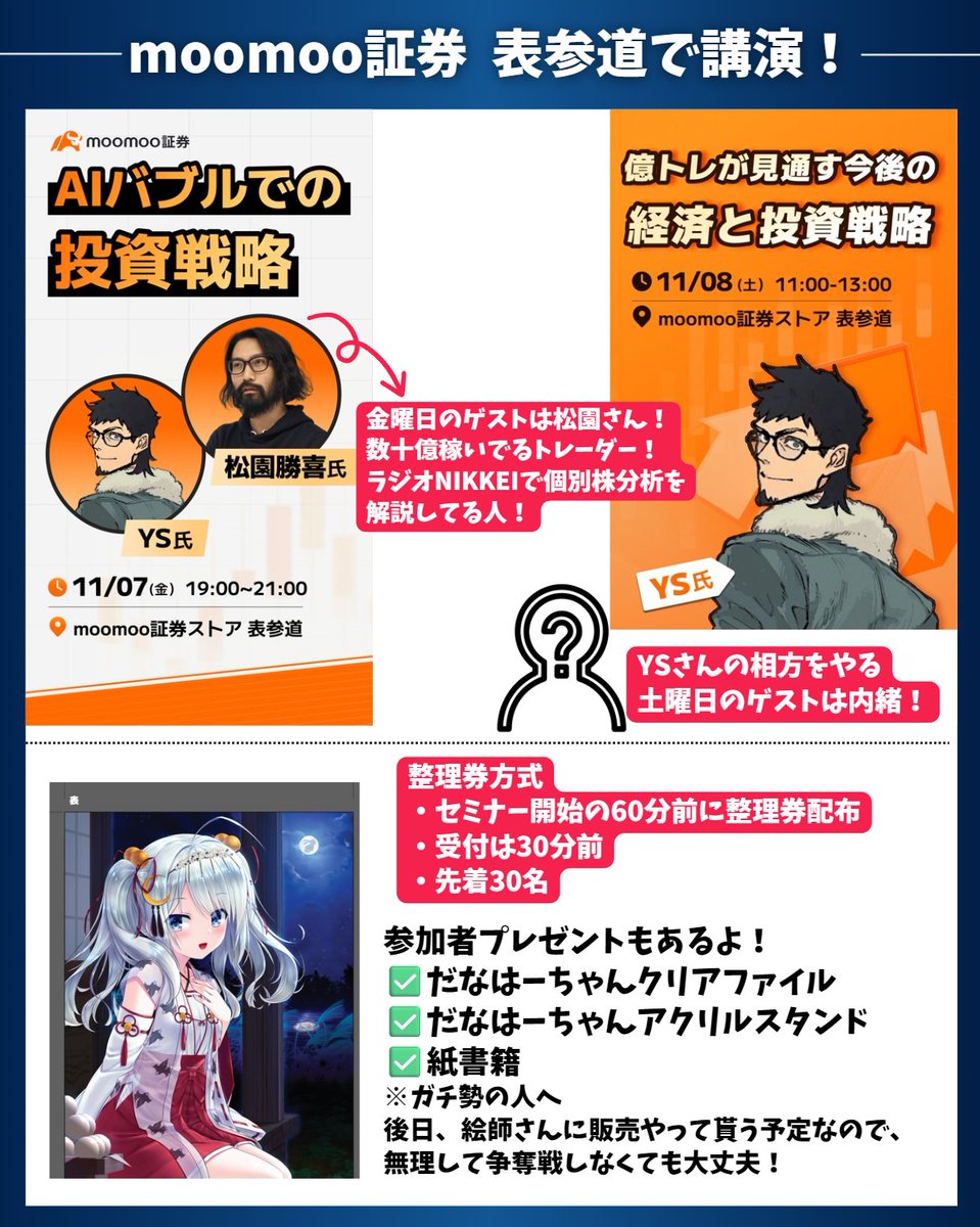 【moomoo証券でイベントやるよ！】

YSさん <a href="/yys87495867/">YS | FX億トレ専業トレーダー</a> が表参道で講演やるよ！

✅金曜日のゲストは数十億稼いでるトレーダー！
✅土曜日のゲストは内緒！

参加者にはクリアファイルとアクリルスタンドのプレゼント🎁付き！

店舗に私のキャラパネルもあるから立ち寄ってみてね！