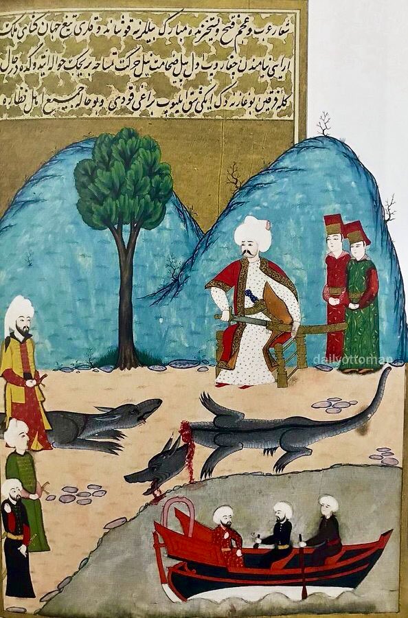 Yavuz Sultan Selim Han, Nil nehri kenarında kılıcıyla Timsah’ı ikiye bölüyor.

Osmanlı’nın Mısır’ı fethini sembolize eden ilginç bir minyatür Yavuz’u hem askeri hem mistik bir figür olarak yüceltir.