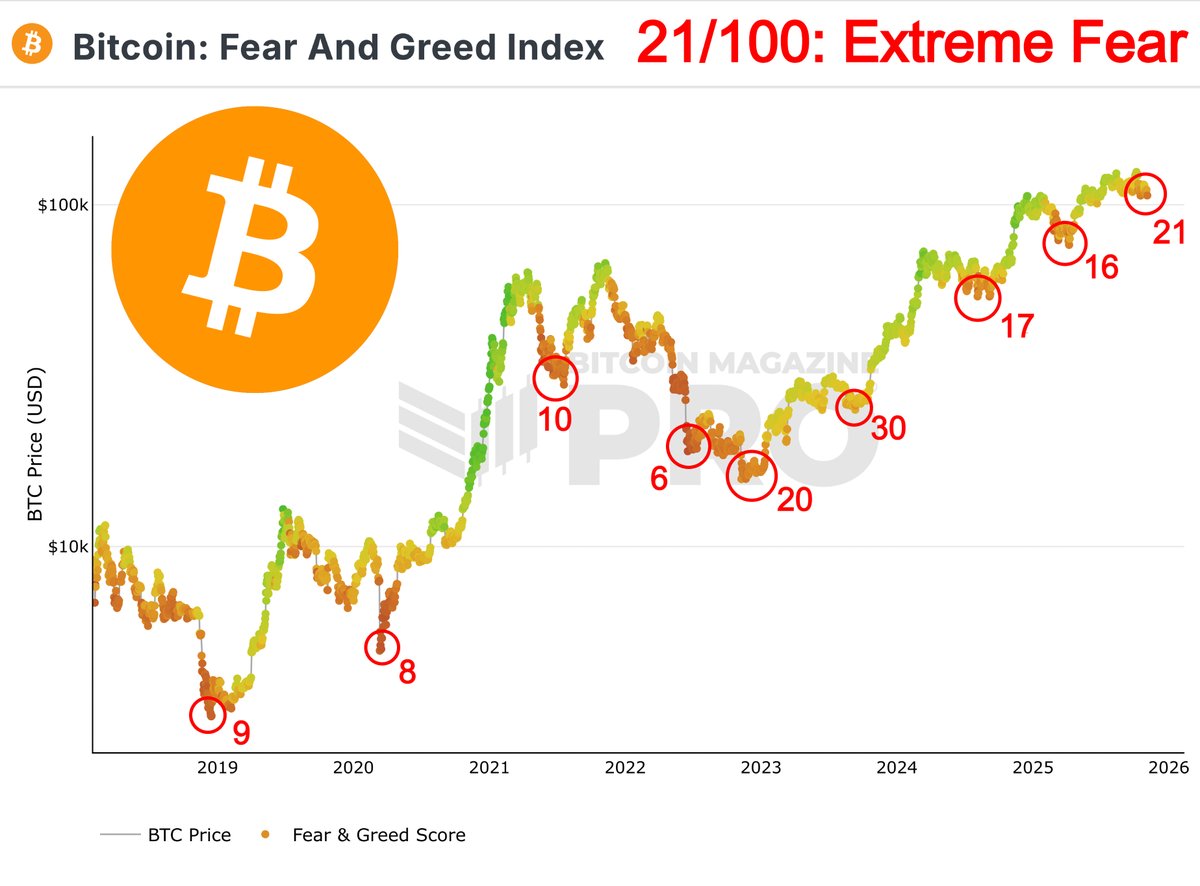 namcios's tweet photo. O Fear & Greed Index acabou de bater 21: Medo Extremo.

Isso significa que o fundo chegou?

Sim. E não.

O que esse número REALMENTE revela sobre o mercado é ainda mais importante.

O Fear & Greed é o termômetro do sentimento do mercado de Bitcoin.

E a acurácia dele é impressionante.

Olha o padrão no gráfico:

Em BULL MARKETS, os fundos ficam ligeiramente abaixo de 20.

Os dois últimos fundos deste ciclo? 16 e 17.

Agora estamos em 21.

Ou seja: estamos PERTO do fundo. Mas ainda não passamos de 20.

E aqui está o plot twist que poucos percebem:

Uma queda abaixo dos $100k - o nível psicológico master - muda TUDO.

Duas coisas poderiam acontecer instantaneamente:

1️⃣ CAPITULAÇÃO MASSIVA
"O bull market acabou" - é o que muitos vão pensar.
Os otimistas esgotados. A desistência.

2️⃣ MEDO MAIOR
Fear & Greed despencaria abaixo de 20 rapidamente, talvez para 15 ou até perto de 10.
Porque fundos verdadeiros só se formam quando o último otimista desiste.

E tem mais:

Bear markets são OUTRO jogo. Os fundos chegam ABAIXO DE 10:

Colapso Terra/Luna: 6
COVID crash: 8
Fundo de 2018/19: 9

Sabe o que isso significa na prática?

O Fear & Greed te dá um MAPA simples:

✅ Abaixo de 20 = compre em correções de bull market
✅ Abaixo de 10 = compre quase de graça em bear markets

Mas o cu do mosquito é impossível de acertar.
Pode ser 19, 18, 17... ou 9, 8, 7, 6.

Por isso: DCA (dollar cost average) conforme o índice CAI desses patamares.

Compre em camadas. Não de uma vez.

E agora? O que esse 21 nos diz?

Estamos perto de um fundo de correção de bull market.

Mas... ainda não abaixo de 20.

Pode ter mais liquidação? SIM.

Vai ter? Ninguém sabe.

Mas o setup está se formando.

E quem entende o Fear & Greed sabe EXATAMENTE onde procurar as oportunidades.