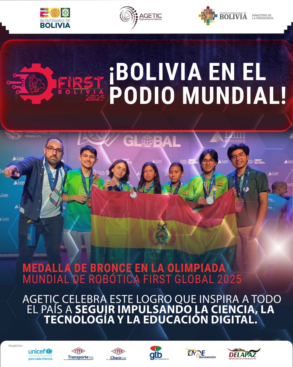 AgeticBolivia's tweet image. 🥉🤖🇧🇴 ¡BOLIVIA EN EL PODIO MUNDIAL! 🇧🇴🚀

Nuestra selección boliviana de #robótica logró una histórica Medalla de Bronce en la Olimpiada Mundial de Robótica FIRST Global 2025, destacándose entre más de 190 países 🌍👏.