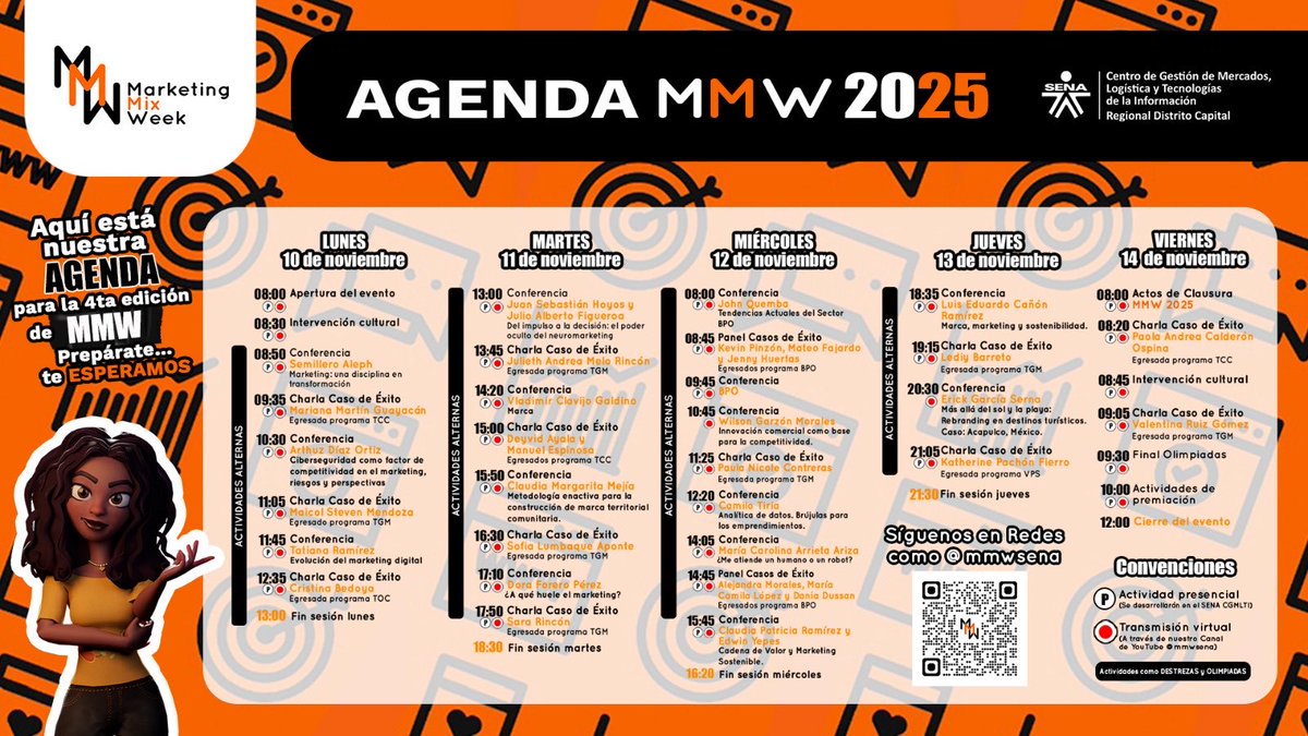 mmwsena's tweet photo. 🚨Ya está aquí✌️la AGENDA de la semana más MARKETERA del SENA CGMLTI📍
Marketing Mix Week 2025 🗓️ del lunes 🔟 al viernes 14 de noviembre 😁

#mmw #marketing #senacgmlti #sena https://t.co/wUTCY10Z3c