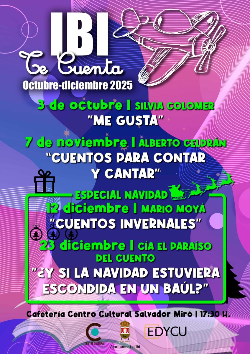 #IbiCultura]🎶💫¡Próximo encuentro, IBI TE CUENTA!
📖🎤Este viernes 7 de noviembre, 17.30 h, disfruta en familia del espectáculo de Alberto Celdrán: “Cuentos para contar y cantar”

📍 Cafetería del Centre Cultural Salvador Miró

👉Música e imaginación te esperan. ¡No faltes! 👏