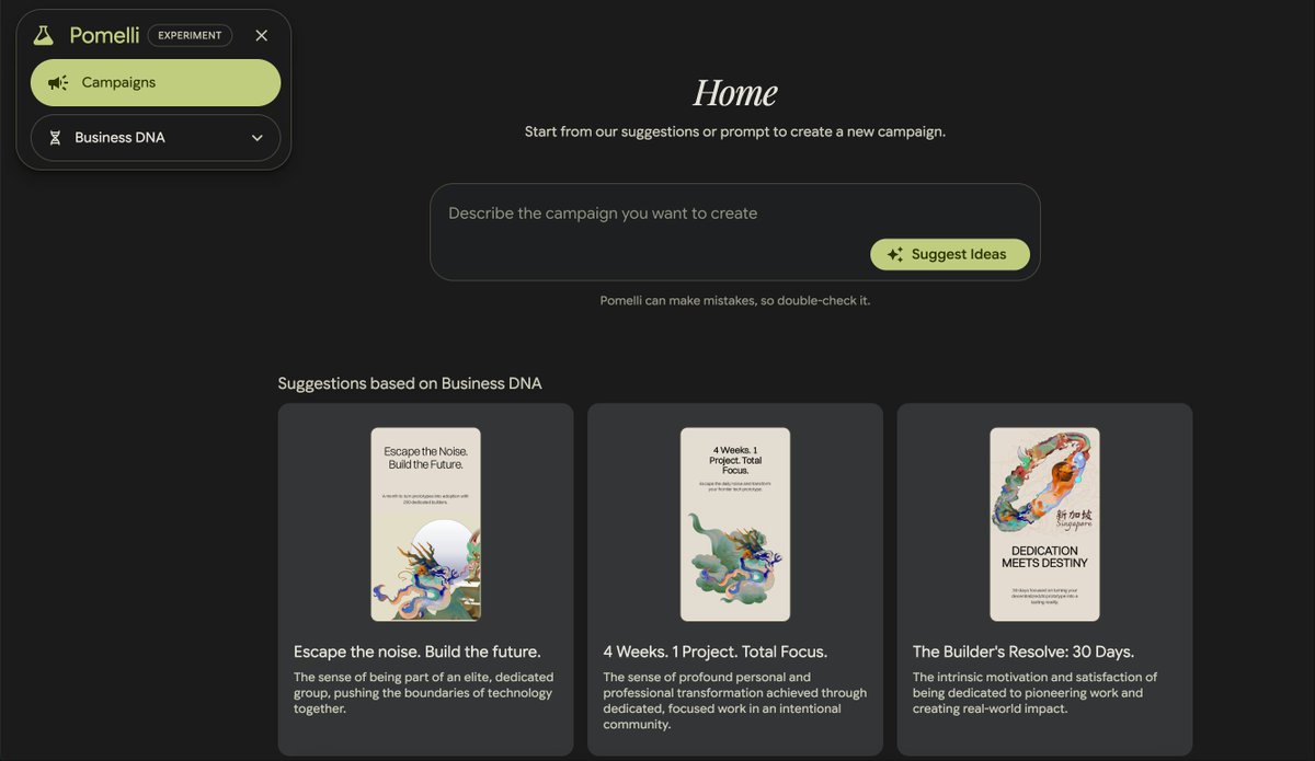 用了一下谷歌的新工具 Pomelli（labs.google.com/pomelli/about/），运营再也不用苦苦哀求设计师了。

输入网址直接提取网站风格，支持自定义字体、元素、代表色...

Tips：抽象元素越多，生成的效果越好

无奖竞猜：下图参照了哪个项目风格？