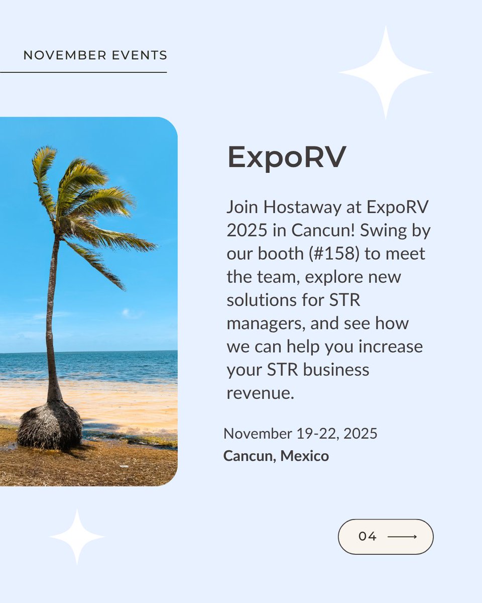 This November, connect with the Hostaway team for fresh insights and the latest trends in short-term vacation rentals!

Catch us at these exciting events:

🎸Hostchella, Nov 6-7, Austin, TX
🤘Scale UK Show, Nov 12-13, Manchester, England
☀️ ExpoRV 2025, Nov 19-22, Cancun, MX
🧡