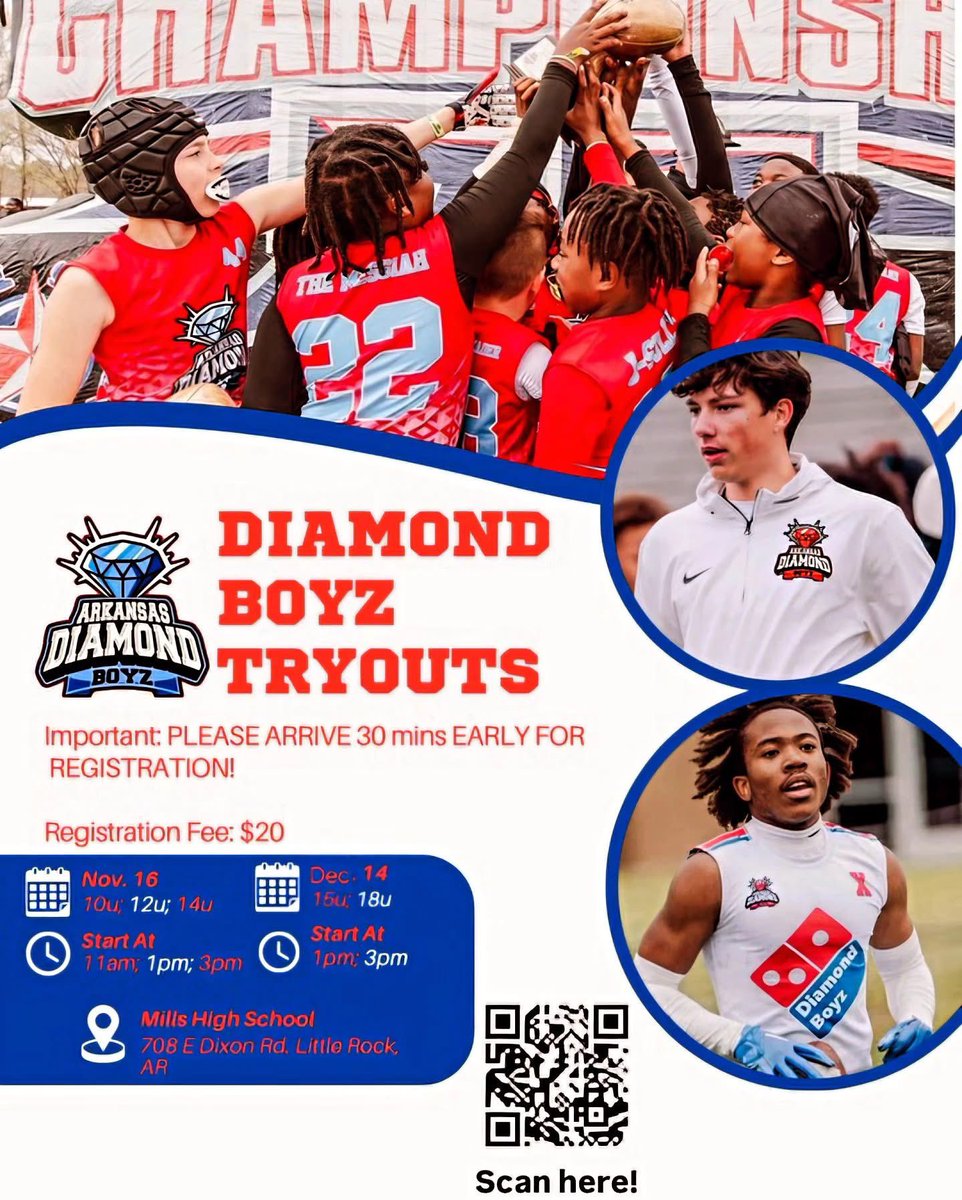 January 1st Cutoff date
10u,12u, &amp;14u Sunday Nov. 16th
15u &amp; 18u Sunday Dec. 14th
Location: Mills High School 
Scan qr code or tap link in bio to register
Arrive 30 mins early 
#7v7 #football #Arkansas @prepredzone <a href="/herofball/">Hero Football</a> @battle7v7 <a href="/EndzoneTourny/">Endzone7on7 National Recruiting Tournament</a>