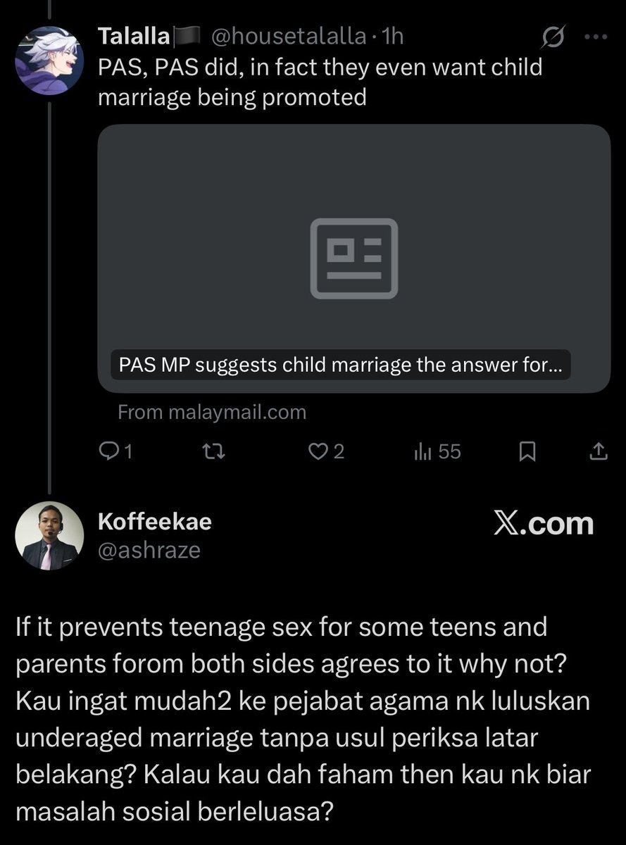 &gt;nafi ada sesiapa yg membantah pengharaman perkahwinan bawah umur

&gt;terus mempertahankan kahwin bawah umur lepas ditunjuk artikel MP PAS menyokong perkahwinan bawah umur