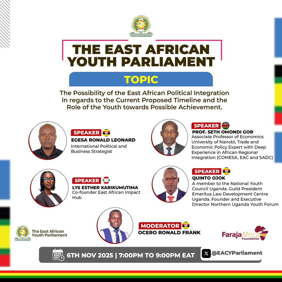 This Thursday, Join scholars &amp; youth leaders for a discussion on East African Political Integration and the youth’s role.

🎙 Guests: <a href="/regesa/">Egesa Ronald Leonard</a> <a href="/LKarikumutima/">Lys Esther Karikumutima</a> <a href="/ojok_quinto/">Quinto Ojok (Advocate)</a> <a href="/RFOcero/">Ronald Frank Ocero 🇺🇬</a> 

Set Reminder: x.com/i/spaces/1ynJO…

<a href="/FarajaAfricaFdn/">Faraja Africa Foundation</a> <a href="/EU_YSBUg/">EU Youth Sounding Board in Uganda 🇪🇺🇺🇬</a> <a href="/EA_Bunge/">EALA</a> <a href="/jumuiya/">East African Community</a> <a href="/EAC_yap/">EAC Youth Ambassadors Platform</a>