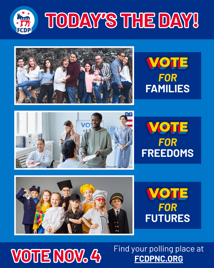 ForsythDemsNC's tweet photo. 🚨 Today’s the day, Forsyth! 🗳️
Polls are open from 6:30 a.m.–7:30 p.m. — your voice matters in every local race.  Find your polling place on our site (link in bio). Let’s vote FOR our families, our freedoms, and our future. #ForsythDemsnc #ElectionDay #democrats #VoteToday https://t.co/c9q59kpfbf
