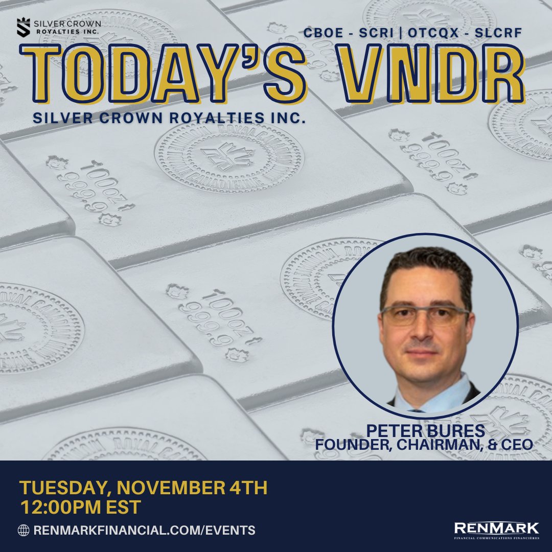 🥈 <a href="/SilverCrownSCRI/">SilverCrownRoyalties</a> is growing a portfolio of silver-focused royalties that deliver exposure to precious metals and steady cash flow.

📅 Nov 4 | 🕛 12PM EST
🔗 ow.ly/BmuQ50XkvfX

#SilverCrownRoyalties #Mining #Royalties #RenmarkVNDR