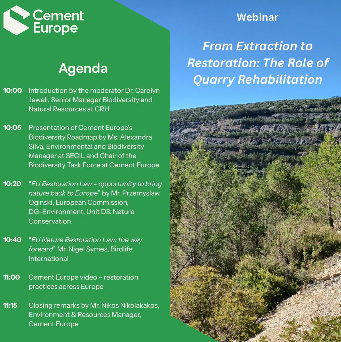 Cement_Europe's tweet photo. 🔔 Join us tomorrow for a lively and informative webinar "🌿 From Extraction to Restoration: The Role of Quarry Rehabilitation"
Register now to explore how quarry rehabilitation contributes to ecosystem restoration under the EU Restoration Law: https://t.co/GInK50UmLU https://t.co/vHVcTjPNr5