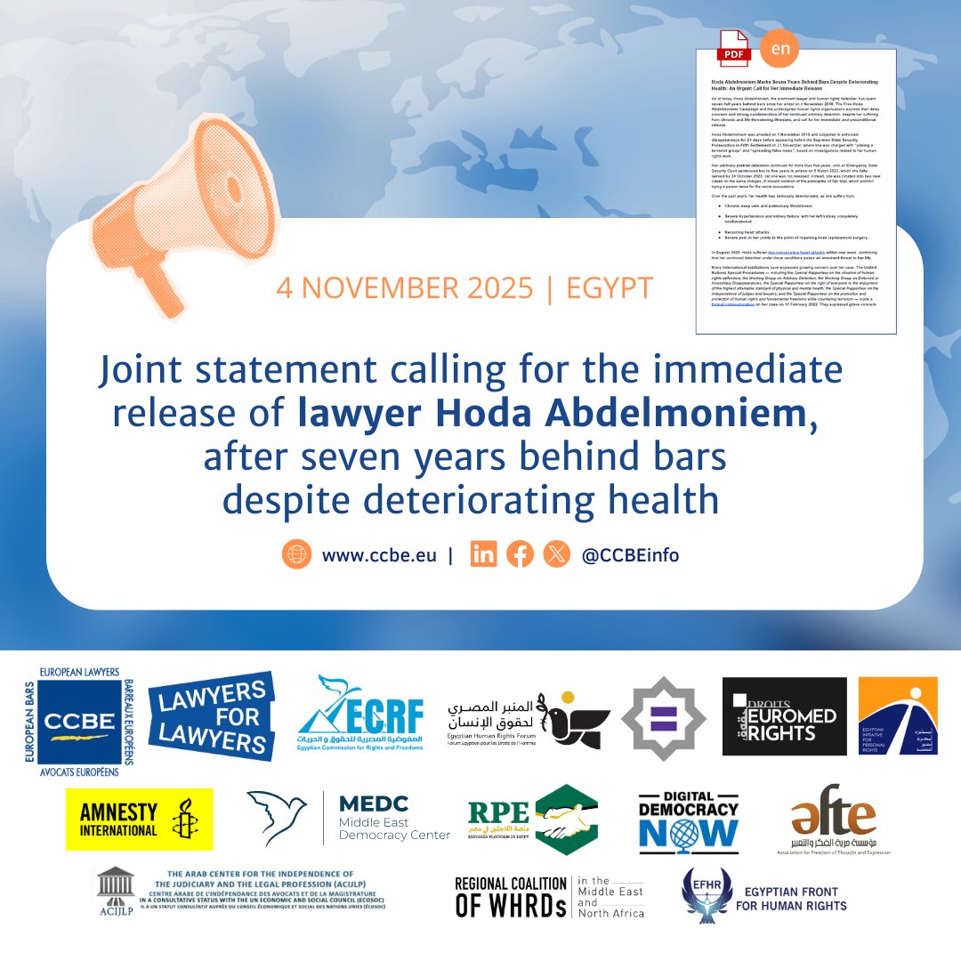 📢#EndangeredLawyers in #Egypt | #FreeHoda
After 7 years of arbitrary detention, the CCBE &amp; other organisations call for the immediate release of lawyer Hoda Abdelmonem, 2020 CCBE Human Rights Award winner, as her health gravely deteriorates.
🔎Read more: ccbe.eu/fileadmin/spec…