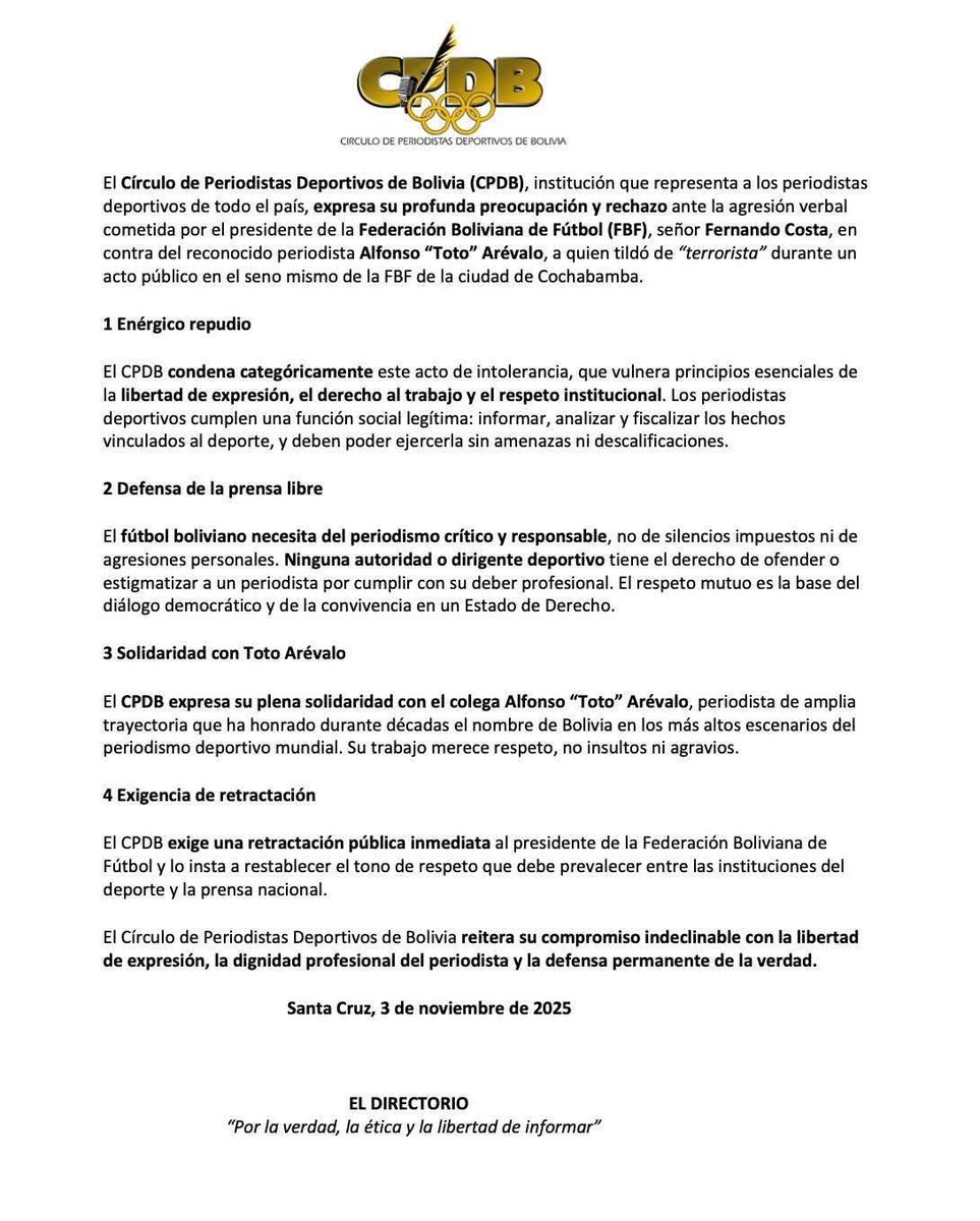 btoae's tweet image. La Asociación Nacional de Periodistas y el Círculo de Periodistas Deportivos de Bolivia se pronunciaron en contra de la forma de actuar del Pdte. de la FBF contra Toto Arévalo, se pide una disculpa pública al hecho. 

El tema también llegó a la AIPS que es la asociación de prensa…