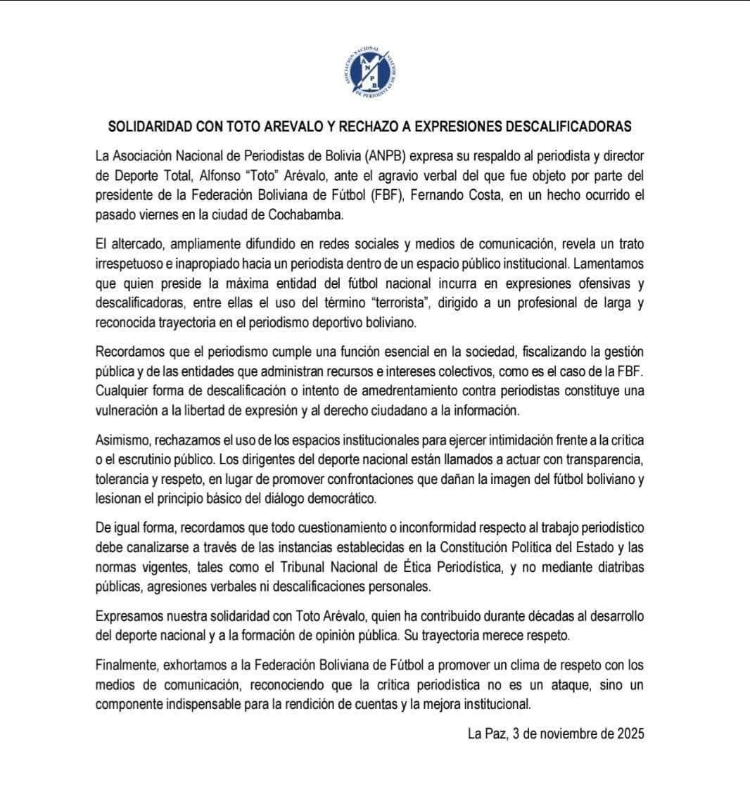 btoae's tweet image. La Asociación Nacional de Periodistas y el Círculo de Periodistas Deportivos de Bolivia se pronunciaron en contra de la forma de actuar del Pdte. de la FBF contra Toto Arévalo, se pide una disculpa pública al hecho. 

El tema también llegó a la AIPS que es la asociación de prensa…