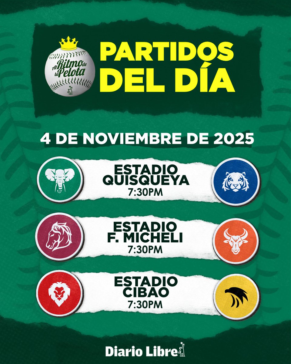 ⚾ | #AlRitmoDeLaPelotaDL | La acción de nuestro béisbol continúa este martes 4 de noviembre y aquí les compartimos los tres partidos a celebrarse. Estrellas y Tigres; Gigantes y Toros; Leones y Águilas. Todos los juegos están programados para iniciarse a las 7:30 de la noche.