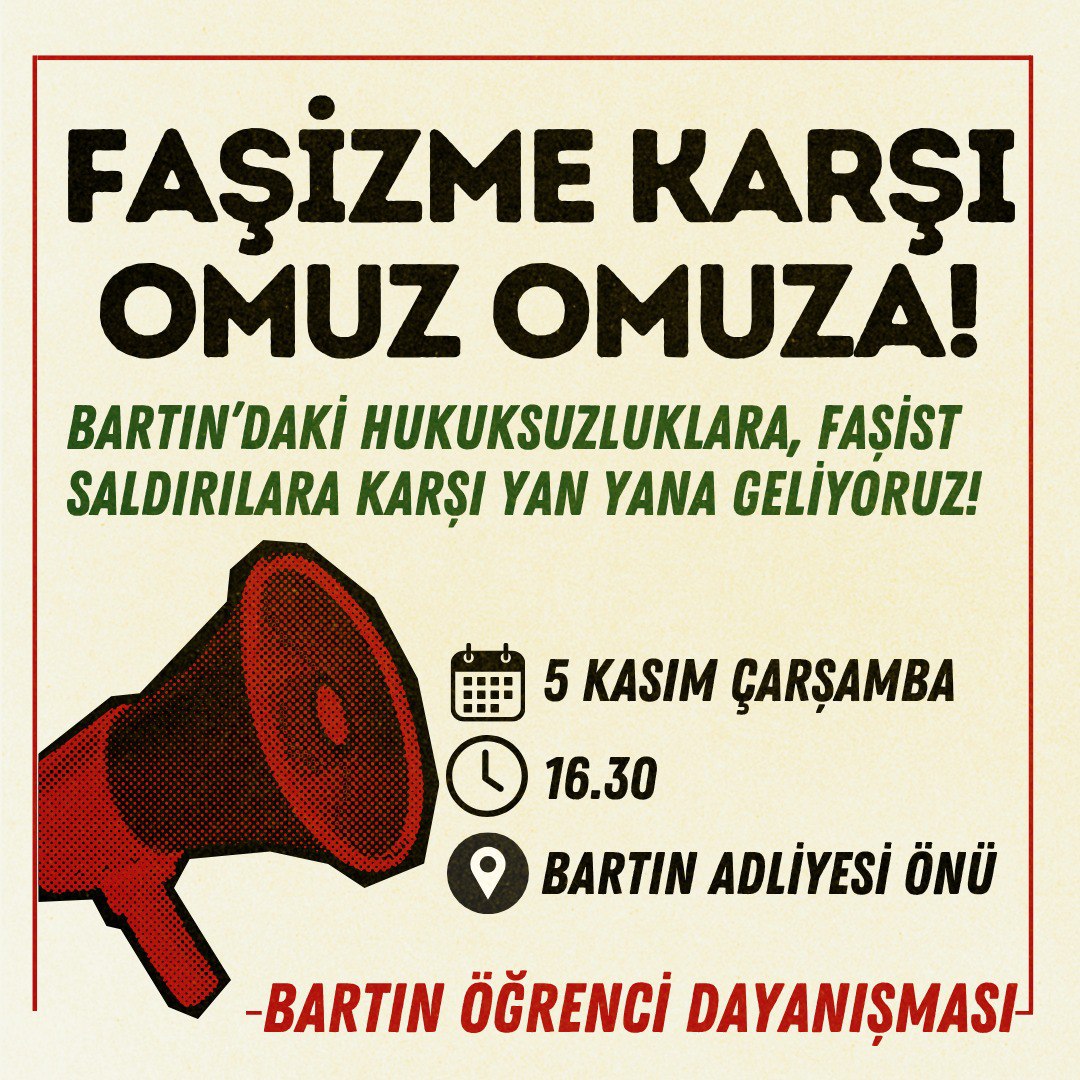 🗣️ Bartın'daki hukuksuzluklara, faşist saldırılara karşı yan yana geliyoruz!

Güvenlik aygıtlarınızla-çetelerinizle bizi yıldırmaya çalışsanız da nafile üniversiteden memlekete faşizme geçit yok!

5 Kasım Çarşamba | 16.30 | Bartın Adliyesi Önü