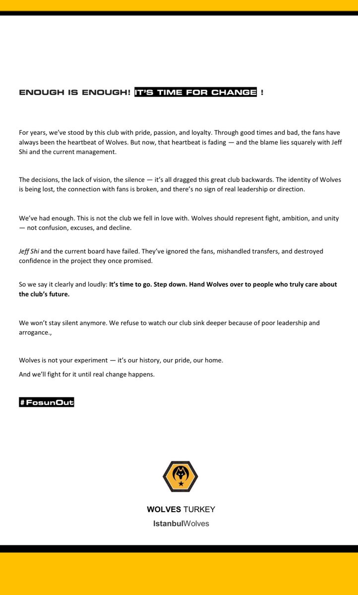 WolvesTurkey's tweet image. Instead of giving the fans false hopes by changing managers, you will provide the greatest hope and service by leaving this club!

It&apos;s time to leave! 

#wwfc 
#fosunout