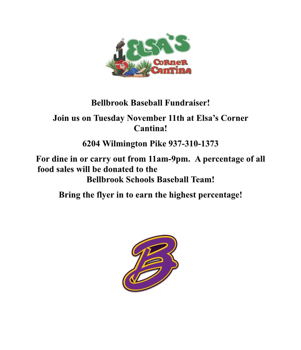 Dine. Support. Win. ⚾️

Eat at Elsa’s Bellbrook on Nov. 11th and show this flyer - part of your meal helps our baseball program!