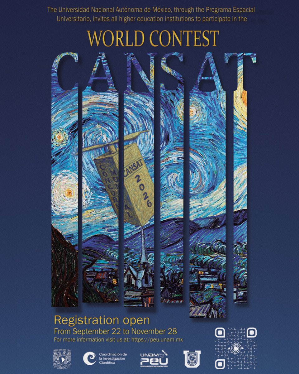 🚀El <a href="/peu_unam/">PEU UNAM</a>  lanza la convocatoria del Curso-Concurso Mundial CanSat 2026, uno de los certámenes más destacados a nivel internacional🌍 en esta categoría.👩‍🚀
Toda la información 👉peu.unam.mx/cansat2026.html
📨Contacto: peu@astro.unam.mx
#UNAMInternacional #OrgullosamenteUNAM