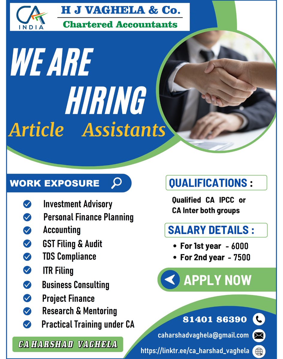 CAHARSHAD91's tweet photo. #Congratulations #ProudCA #CAStudents
#CA #ARTICLESHIP #VACANCY
CA Students who has cleared #INTERCA (#IPCC)
Also Give Reference for CA Internship in #Ahmedabad
Mo: 081401 86390
https://t.co/Qhs2ebnBCE
CA Article Required in #Ahmedabad 
@icaiahmedabad @wicasaahmedabad https://t.co/mS4QmkZ4LE