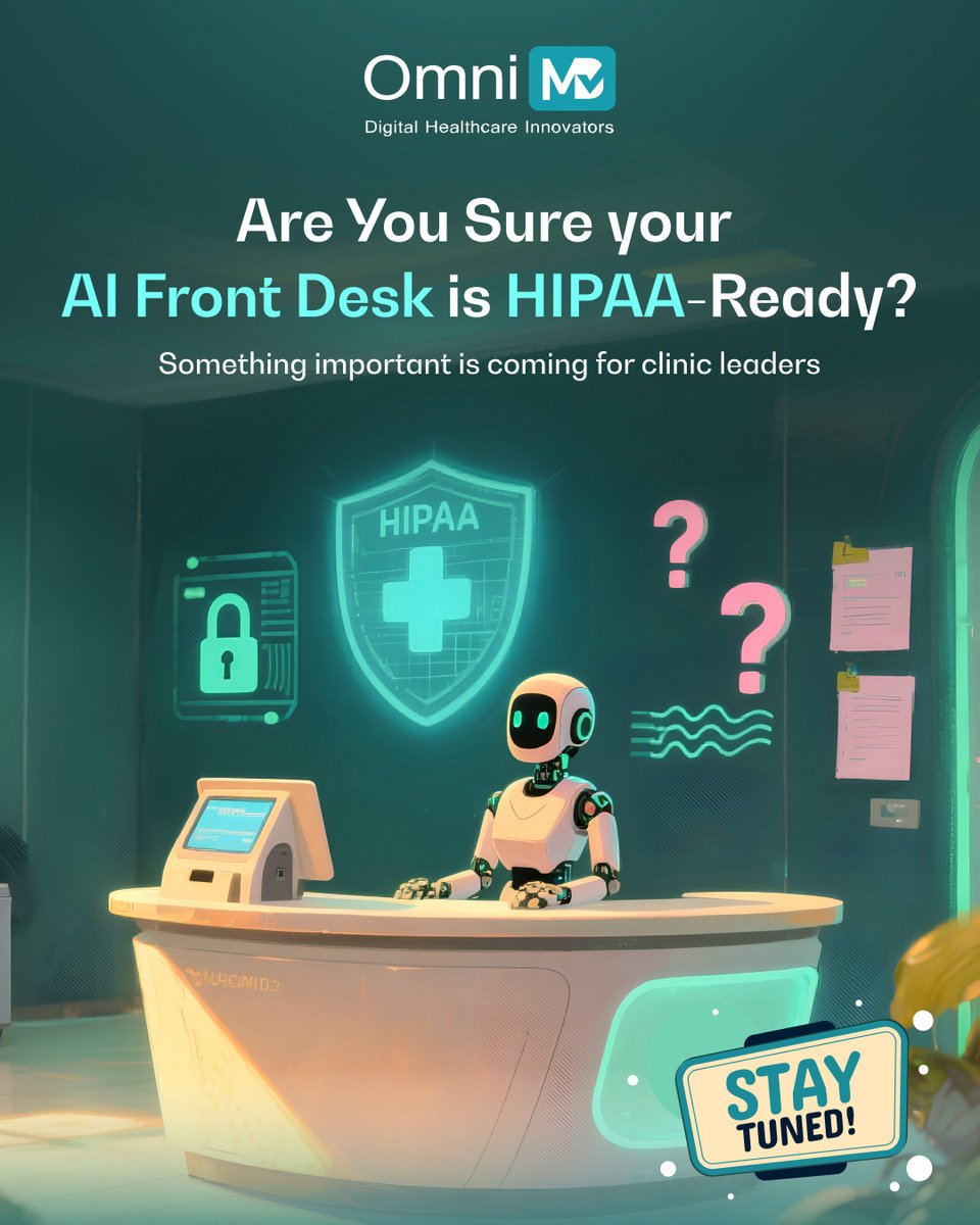 omnimd's tweet image. Every “hello” at the front desk carries patient trust, and when AI greets first, protection matters even more.

The future of patient access isn’t just digital, it must be defensible.

A big conversation is coming. 
Stay tuned, clinic leaders.

#HealthcareAI #HIPAA #PatientTrust
