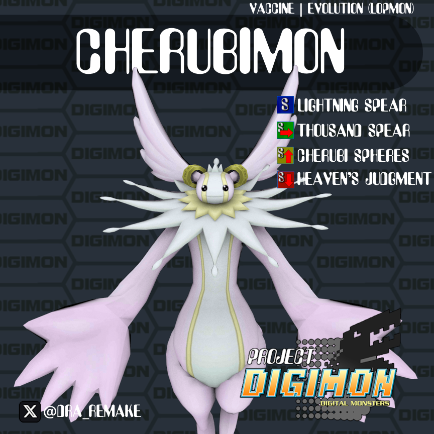 DRA_Remake's tweet image. Cherubimon is a ranger that pierces through enemy projectiles with thunderous spears, staying safe and boxing enemies in with pillars of lightning.

In ultra, their spears home in on enemies while the lightning pillars now stretch far across the map!

#projectdigimon #cherubimon