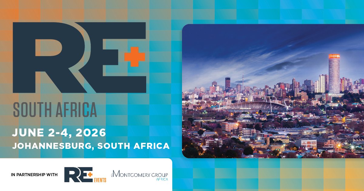 REPlusEvents's tweet image. We&apos;re thrilled to announce RE+ South Africa! This new event is being organized in partnership with Montgomery Africa and will take place in Johannesburg, South Africa June 2 - 4, 2026.

Read more: bit.ly/3LzQ8NM

#REPlusSouthAfrica #CleanEnergy #SouthAfrica