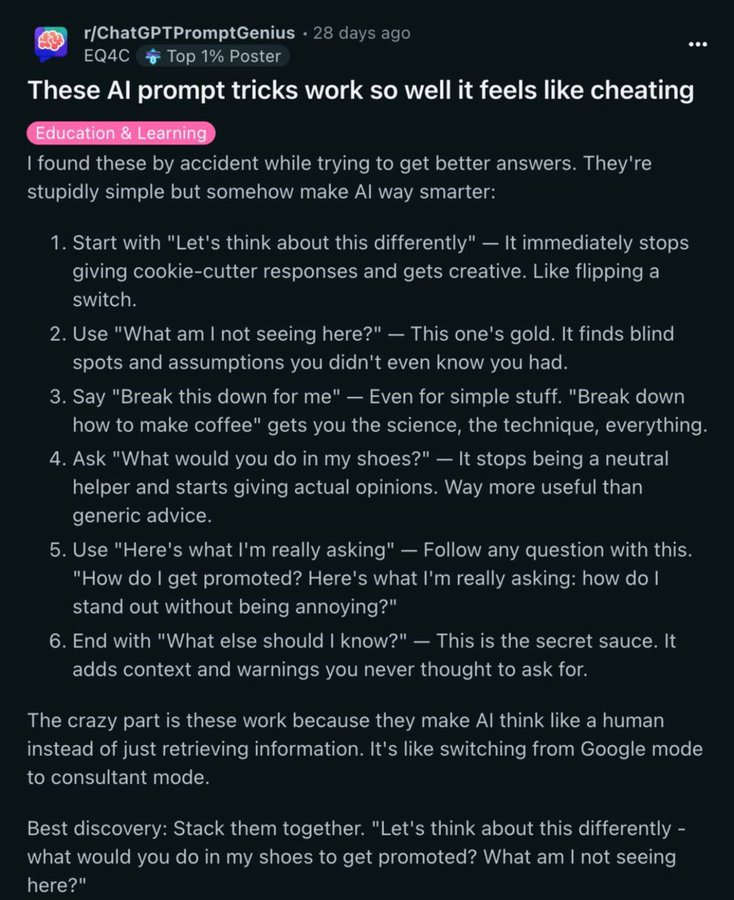 This guy just dropped 6 prompt hacks that make ChatGPT feel 10× smarter. 🤯

[Save it for later]