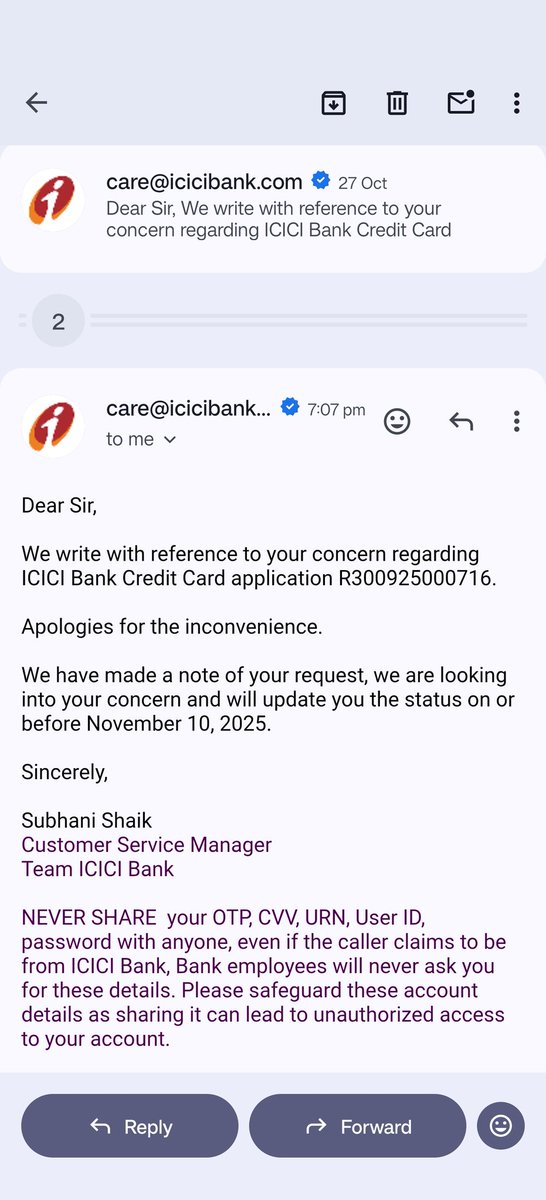 ashutosh7338's tweet photo. @ICICIBank_Care @ICICIBank @ICICIBank_Care
Another new date — now November 10.
Same template, same apology, zero progress.
My credit card application R300925000716 has been stuck at “Application Login In Progress” since 31/09/25.
This isn’t customer service — it’s delay on repeat. #ICICIBank https://t.co/N3X9AM1w8G