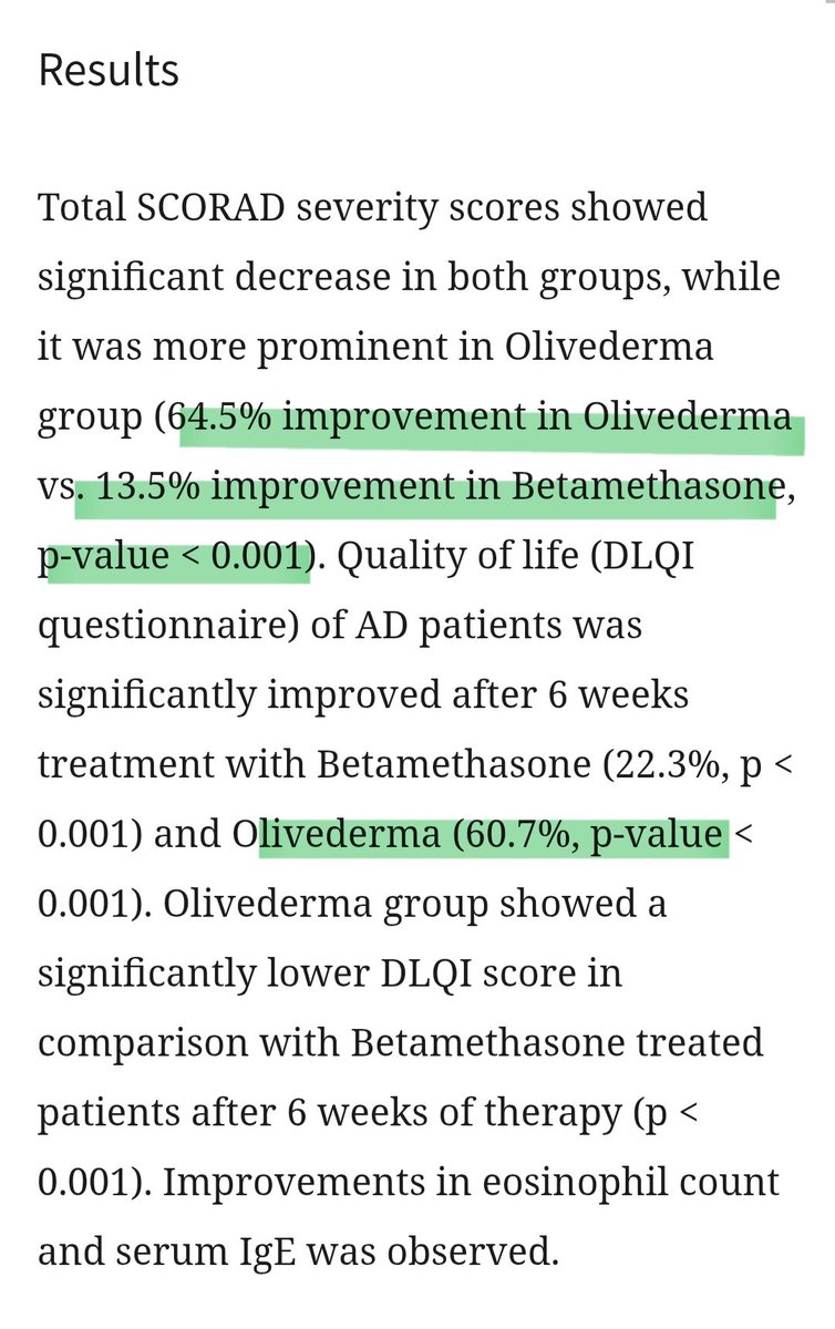 عام 2020 تم عمل دراسة على ٣٦ مريض اكزيما وطلعوا بنتيجة ان مزيج ( زيت الزيتون البكر مع جل الصبار) فعال أكثر من كريم الكورتيزون لمرضى الاكزيما 

التحسن بشدة المرض كان بنسبة 64% للي استخدموا مزيج زيت الزيتون وجل الصبار، و13% فقط للي استخدموا كريم الكورتيزون 

والنتيجة كانت خلال 6