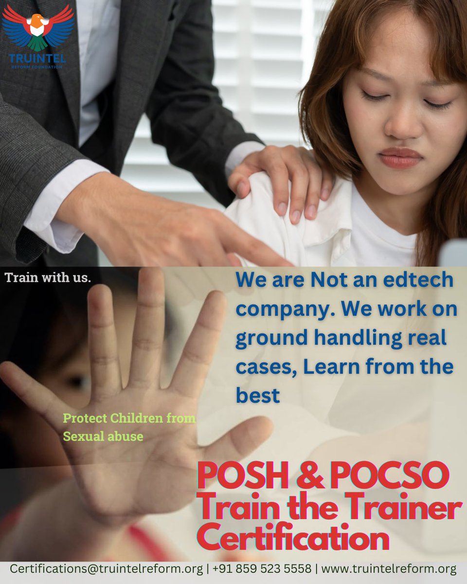 TruIntel_Reform's tweet image. Empowering professionals to create safer spaces. Join our POSH &amp;amp; POCSO! Train the Trainer Certification and learn from experts handling real on-ground cases.
Batch starting soon don’t miss out!
#POSH #POCSO #TruIntelReformFoundation #SafetyTraining #WomenAndChildProtection
