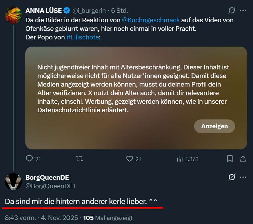 Interessant, wie bei <a href="/yungfeldsalat/">yungfeldsalat</a> im Stream gerade die JayRiddle Mods problematisiert werden, weil die scheinbar unabhängig von Riddle ihre teils differierende Meinung äußern.

Man kann natürlich DAS problematisieren. 
Oder man schaut sich mal die eigenen Mods an, die man aus