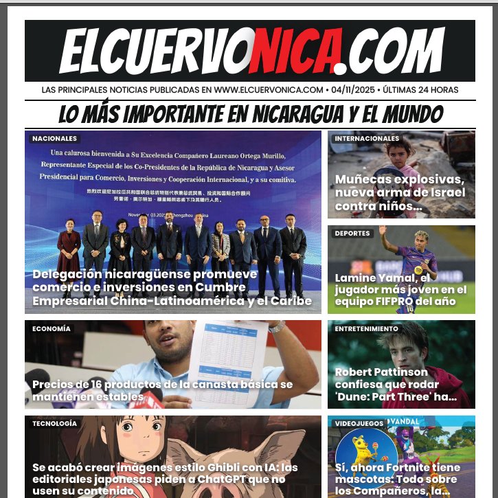 ElCuerv0Nica's tweet photo. ⚠️Próximamente desde https://t.co/y9JiPdKly7 tendremos un 📰 boletín con el resumen de las principales noticias del día, para envío automático diario a sus📩 correo electrónico.
#Nicaragua #PLOMO19 #RedFSLN https://t.co/m571JBZkhi