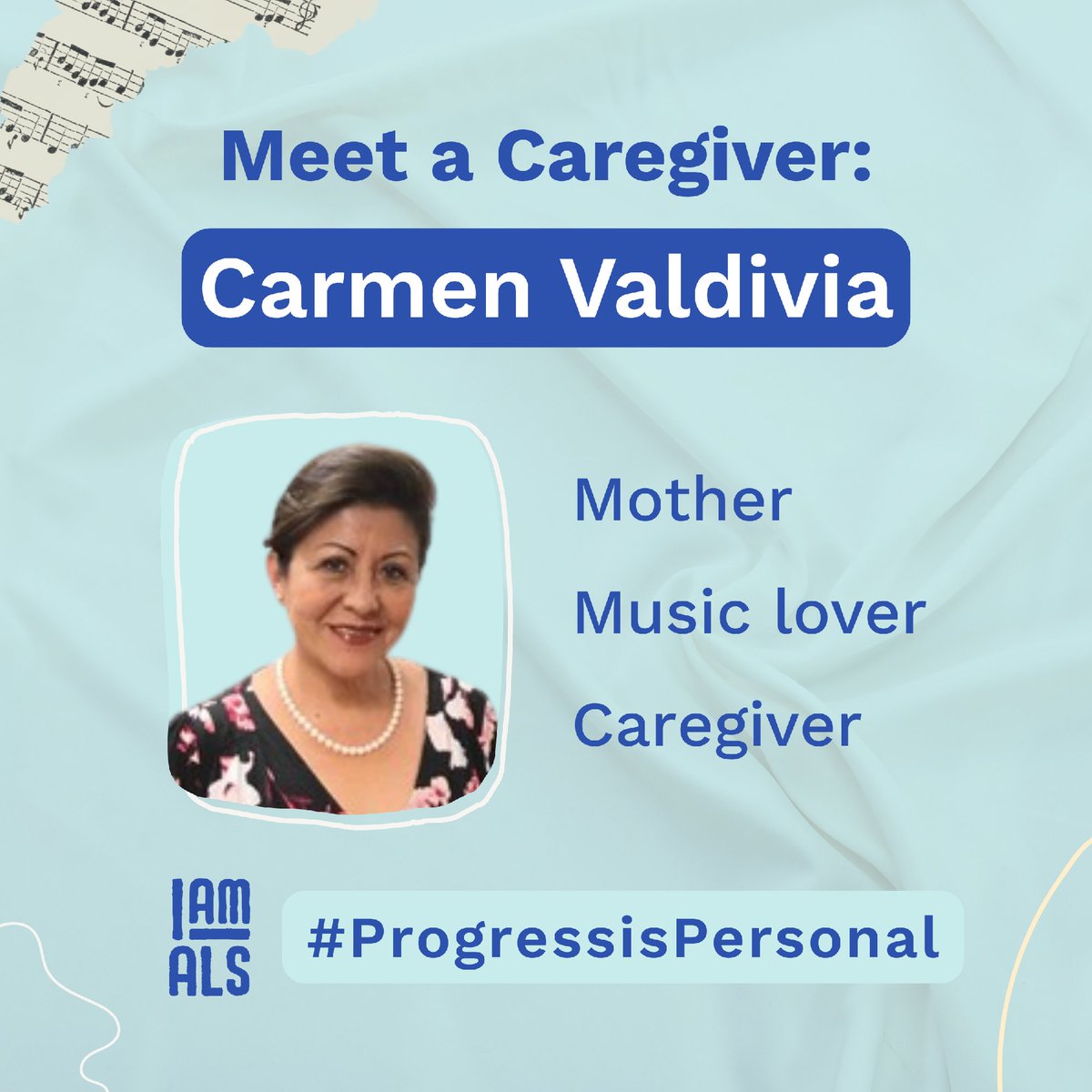 iamalsorg's tweet photo. Community, meet Carmen! She is a mother, lover of music, and was a caregiver to her husband, Walter, until he passed from ALS.
Watch this space for her story & VISIT https://t.co/LFmIOy2Yoe to learn more about caregiving for those impacted by ALS.
#ProgressisPersonal https://t.co/yY31950PvH