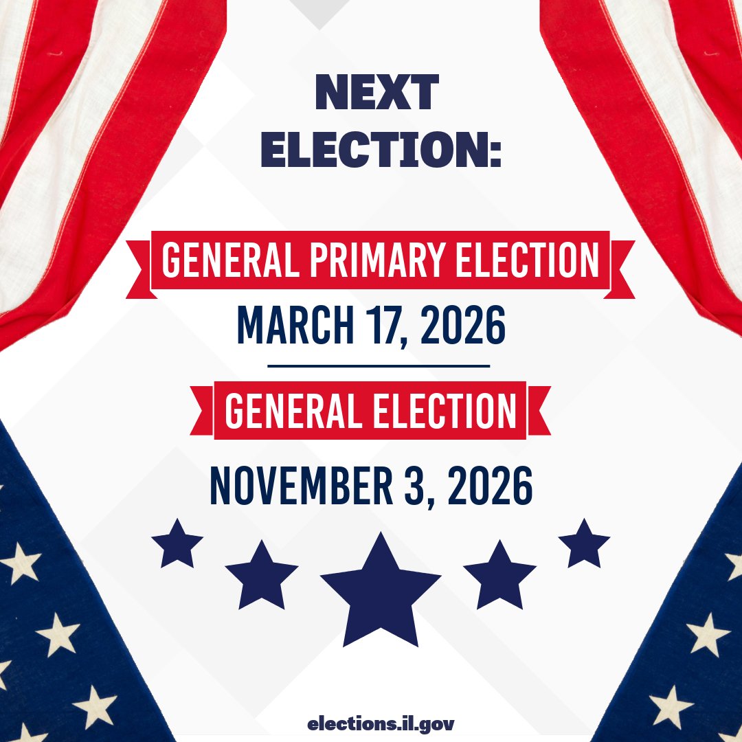 There is no election in Illinois today.
The next elections are:
🗳️ General Primary Election: March 17, 2026
🗳️ General Election: November 3, 2026
Learn more at elections.il.gov