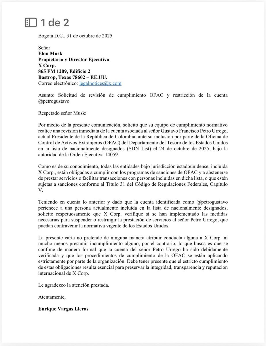 Enrique Vargas Lleras pidió a Elon Musk que X evalúe si debe suspender o restringir la cuenta <a href="/petrogustavo/">Gustavo Petro</a>, tras la inclusión del presidente Petro en la Lista Clinton. Señala que la plataforma podría estar obligada a aplicar medidas según la normativa estadounidense.
