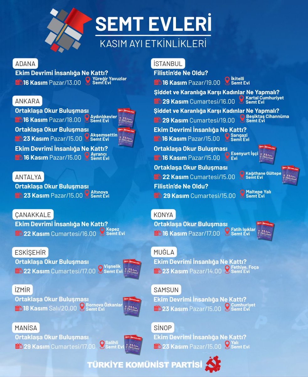 Semt Evleri bu ay farklı etkinliklerle emekçilerin mahalledeki buluşma noktası olacak.

📍İlçenizdeki etkinliklere katılmak için mesaj atabilir veya yeni etkinliklerden haberdar olmak için bize ulaşabilirsiniz.