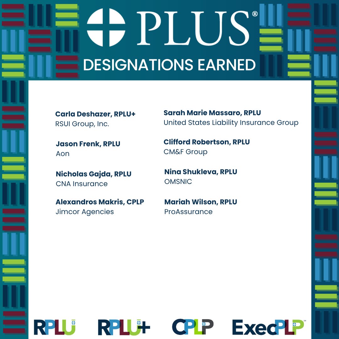 PLUS_HQ's tweet image. Another week, another step forward for the professional liability community. Congrats to our newest PLUS designees! #PLUSDesignees #LiabilityInsurance #CareerDevelopment