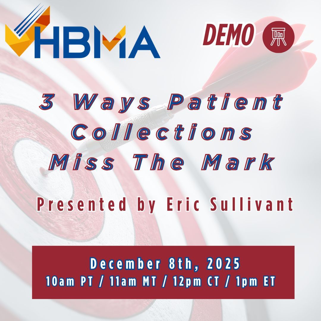 HBMABusiness's tweet image. Join #HBMA for our upcoming #demo, “3 Ways Patient Collections Miss The Mark,” presented by Eric Sullivant on December 8 at 10am PT/11am MT/12pm CT/1pm ET! #patientcollections #healthcareautomation #collectionsstrategy To REGISTER: buff.ly/sHsZxqx