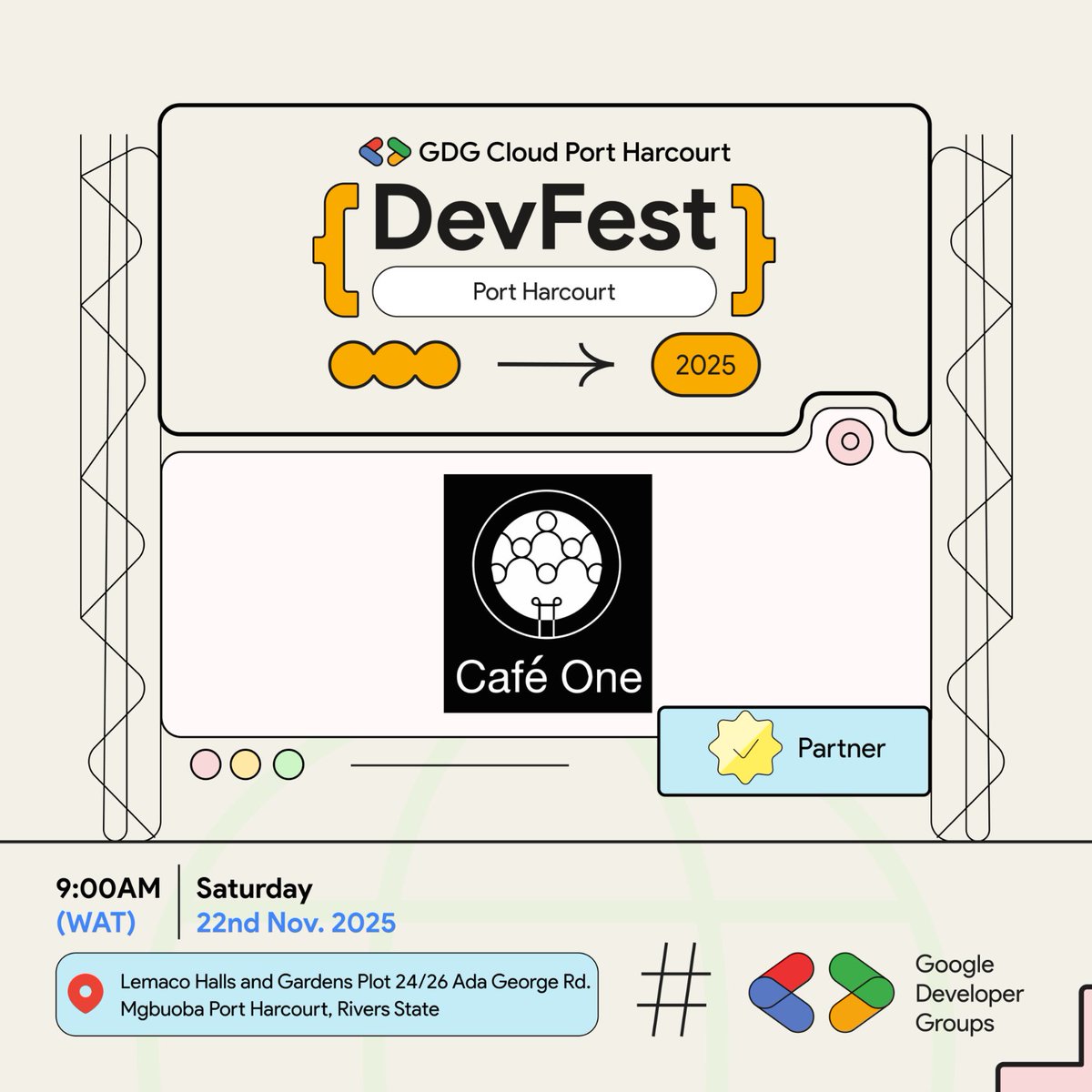 gdgcloudph's tweet photo. We are beyond excited to announce that @Cafeonenig  is a partner for DevFest 2025!

Known as a vibrant hub for Port Harcourt's digital creators and innovators, Café One is bringing that energy to DevFest. 

Don't miss out; RSVP now: https://t.co/wFwrUMdw7i

#DevFestPH2025 https://t.co/z2qljnEZNp