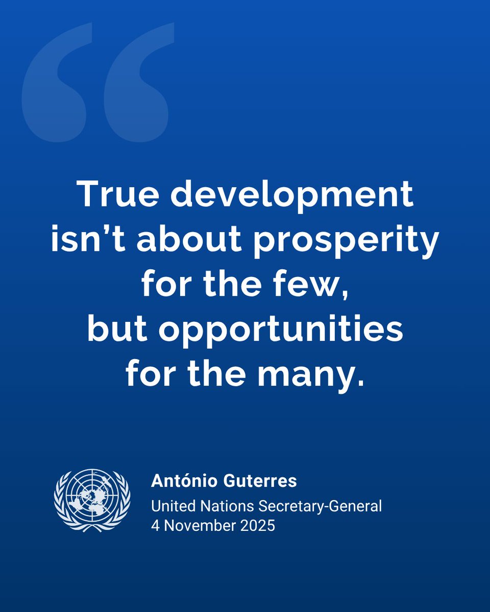 World leaders at #SocialSummit2025 renewed their pledge to build fairer, more inclusive societies—tackling poverty, creating jobs &amp; protecting rights.

“True development isn’t about prosperity for the few, but opportunities for the many” — <a href="/antonioguterres/">António Guterres</a>